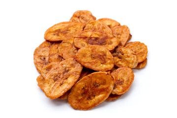 Banana chips on white background