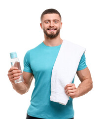 Handsome man with bottle of water and towel on white background