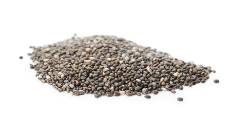 Pile of chia seeds on white background