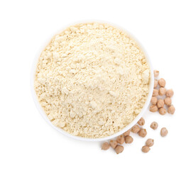 Chickpea flour in bowl and seeds isolated on white, top view