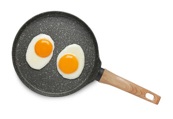 Tasty cooked chicken eggs in frying pan isolated on white, top view