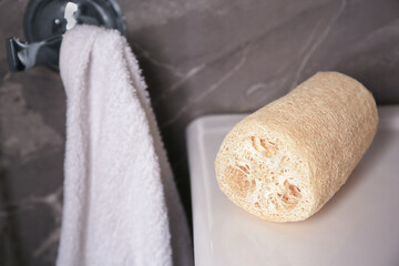 Natural loofah sponge on washbasin in bathroom, closeup