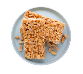 Plate with tasty kozinaki bars and peanuts isolated on white, top view
