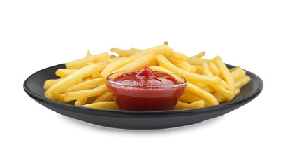 Tasty french fries with ketchup isolated on white
