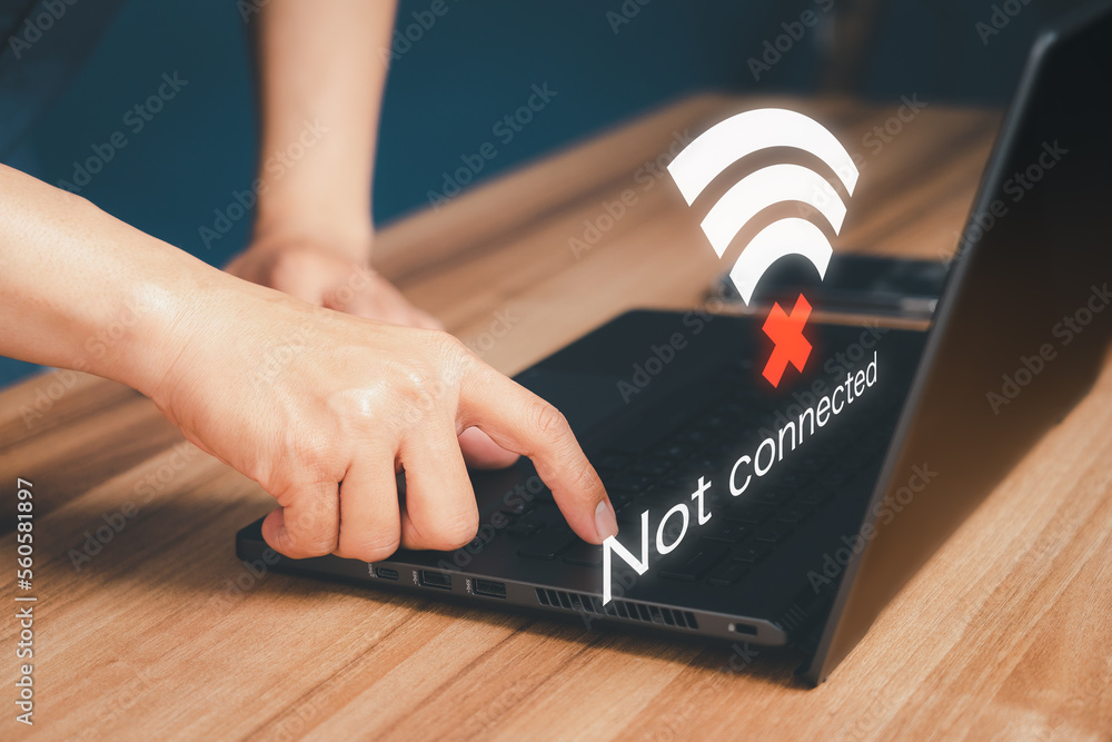 Poster Man using a computer laptop to connect to wifi but wifi not connected, and waiting to loading digital business data form website, concept technology of waiting for connect to wifi.