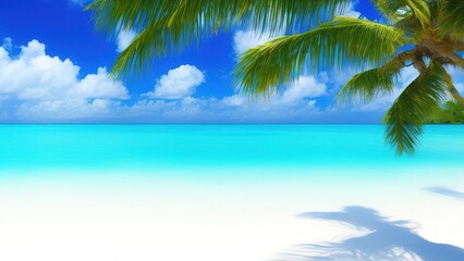 Fototapeta na wymiar Idyllic tropical beach with white sand, palm trees, and turquoise blue ocean.
