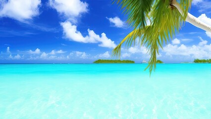 Fototapeta na wymiar Caribbean Sea coastline with palm jungle and ocean waves on the yellow sand.