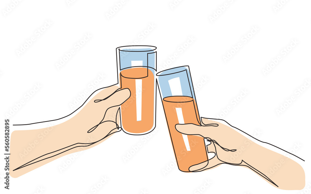 Wall mural continuous line drawing hand holding drinks toasting together in color - png image with transparent 