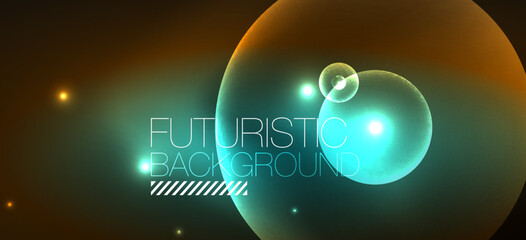 Shiny neon geometric abstract background. Glowing lights on round shapes, triangles and circles. Wallpaper for concept of AI technology, blockchain, communication, 5G, science, business