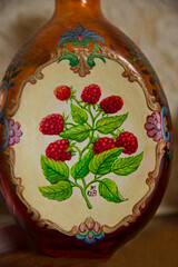 Himbeeren - Ölgemälde auf Glasflasche,