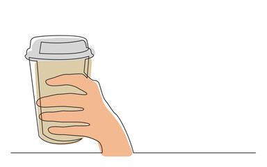 continuous line drawing hand holding cup of coffee with lid in color - PNG image with transparent background