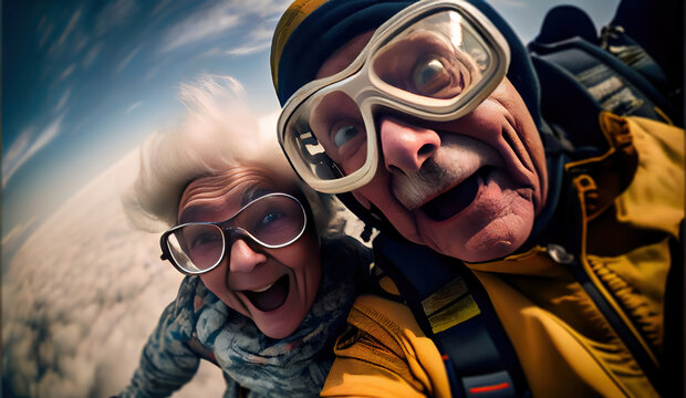 selfie elderly couple in love is in the air, skydiving, Generative AI