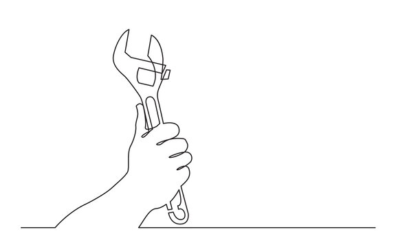 continuous line drawing hand holding adjustable wrench spanner - PNG image with transparent background