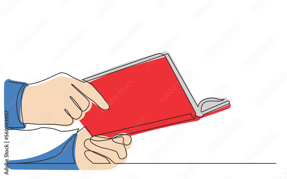 Poster continuous line drawing hands holding book in color - png image with transparent background