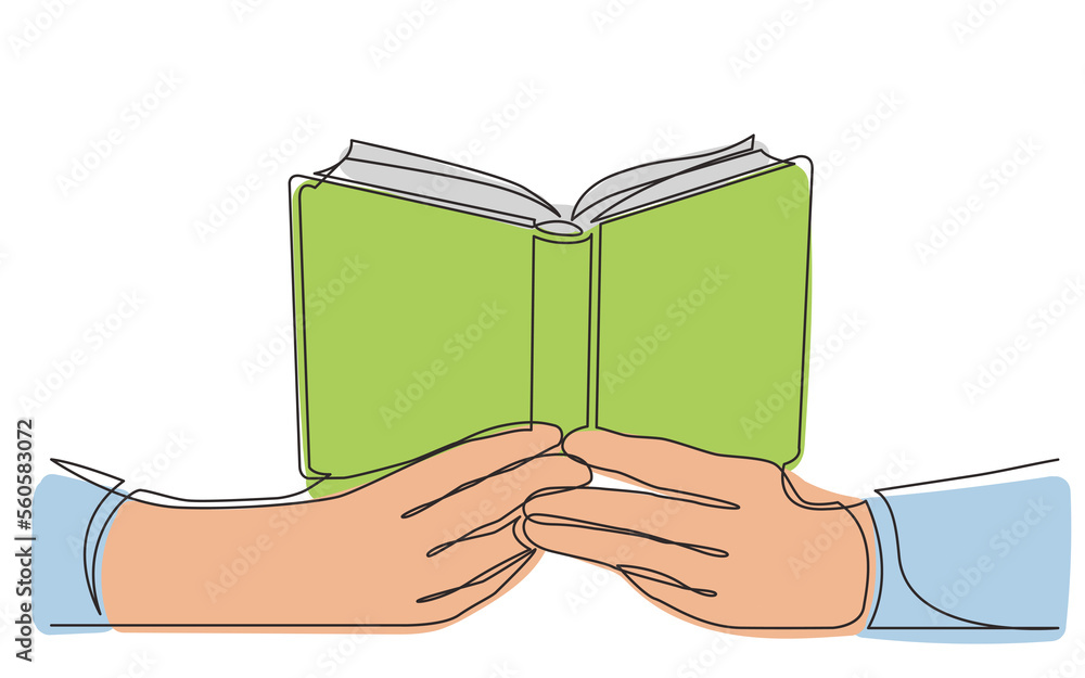 Poster continuous line drawing hands holding open book in color - png image with transparent background