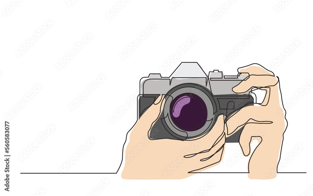 Poster continuous line drawing hands holding photo camera in color - png image with transparent background