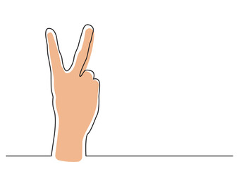 continuous line drawing hand showing v sign in color - PNG image with transparent background