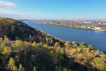 Aerial photography. Panoramic view of the river from above in autumn.