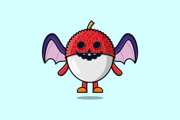 Cute mascot cartoon Lychee character Scary bats pumpkin halloween illustration