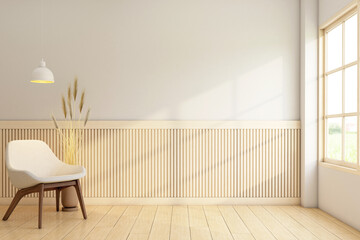 Minimalist empty room decorated with wooden framed windows and wooden slatted wall. Armchair and wooden floor. 3D rendering.