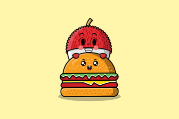 Cute Lychee cartoon character hiding in burger illustration in flat modern design