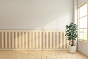 Minimalist empty room decorated with wood floor and wood slat wall, frame wood window and indoor plant. 3d rendering