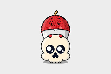 Cute Lychee cartoon character hiding in skull illustration in flat modern design