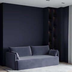 Dark room with dark walls and furniture - couch and shelving. Blue navy sofa and empty background. Mockup luxury modern interior design livingroom. 3d rendering