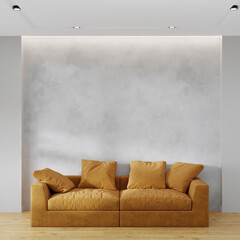 Living room with yellow mustard ochra sofa. Empty wall mockup in gray color. Plaster microcement stucco background for art, mockup interior design room. 3d rendering