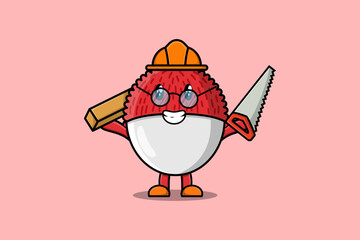 Cute cartoon Lychee as carpenter character with saw and wood in flat modern style design