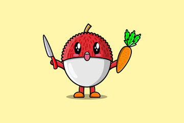 Cute cartoon Lychee character holding knife and carrot in modern style design