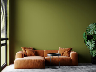 Bright livingroom with green olive empty walls and a large sofa. Accent orange ochre couch. Space mockup for art or picture. Modern interior design room. 3d rendering