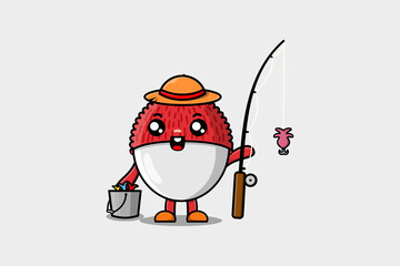 Cute cartoon Lychee ready fishing character illustration wearing fishing equipment 