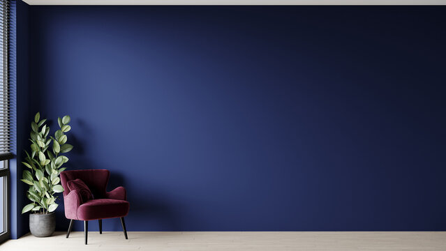 Living room with armchair. Dark room - blue navy empty walls background painting. Mockup for art. Burgundy maroon chair. 3d rendering