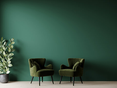 Living room with green emerald trendy color. Empty wall mockup background. Two soft velor olive armchairs. Space painting for art. Modern interior design. 3d rendering