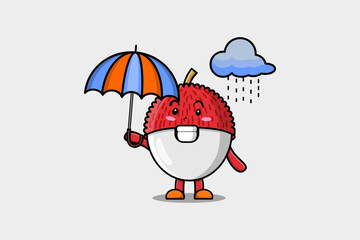 Cute cartoon Lychee character in the rain and using an umbrella in flat modern style design