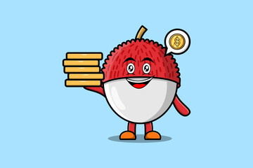 Cute cartoon Lychee character holding gold coin vector illustration
