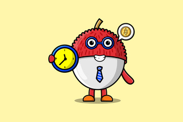 Cute cartoon Lychee character holding clock illustration with happy expression