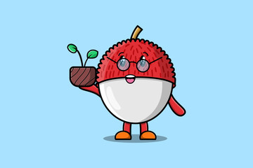 Cute cartoon illustration Lychee holding plant in a pot flat modern style design 