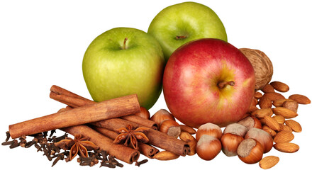 Apples, assorted nuts and cinnamon sticks