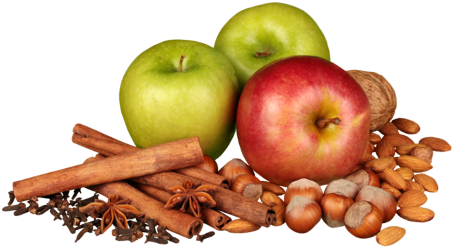 Apples, assorted nuts and cinnamon sticks