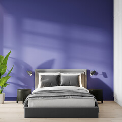 A small bedroom with a bright painting wall - very peri color or digital lavender - purple. Gray bed in the center space. Mockup modern interior design. Background for picture and art. 3d rendering
