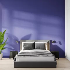 Crédence de cuisine en verre imprimé Pantone 2022 very peri A small bedroom with a bright painting wall - very peri color or digital lavender - purple. Gray bed in the center space. Mockup modern interior design. Background for picture and art. 3d rendering