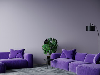 Living room with two sofas. Very peri trend color - digital lavender. Grey purple empty walls background. Modern interior design. 3d rendering