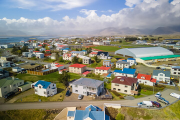 Fototapeta na wymiar Aerial view of Hofn town in the south eastern part of the Iceland, one of the few natural harbors of Iceland’s South Coast.