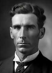 Vintage black and white portrait of a man looking at the camera. Image generated with generative AI
