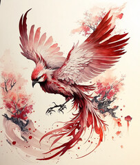 japanese art style of white and red bird flying