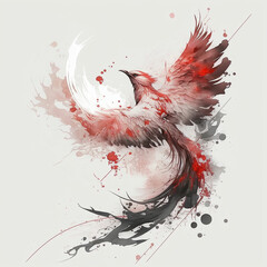 japanese art style of white and red bird flying