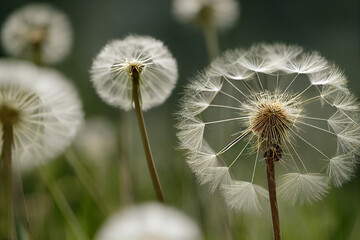 white dandelions grow on a green meadow, generative AI