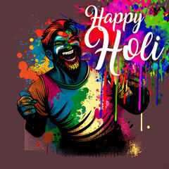 colorful picture postcard for holi festival with happy holi inscription, generative AI
